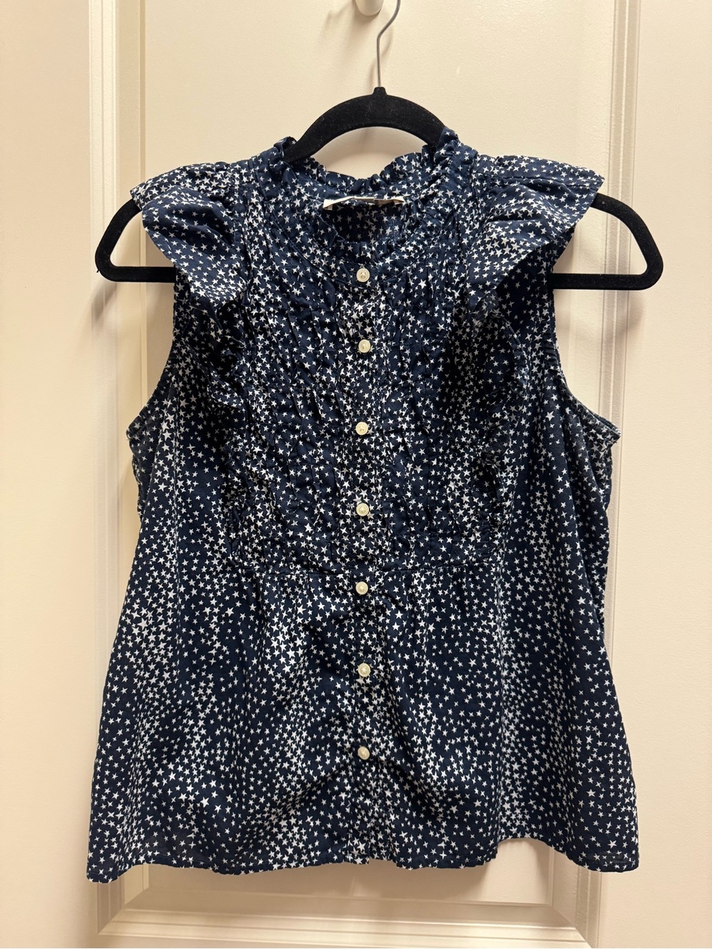Loft Women’s Navy Star Print Ruffle Button Front Top